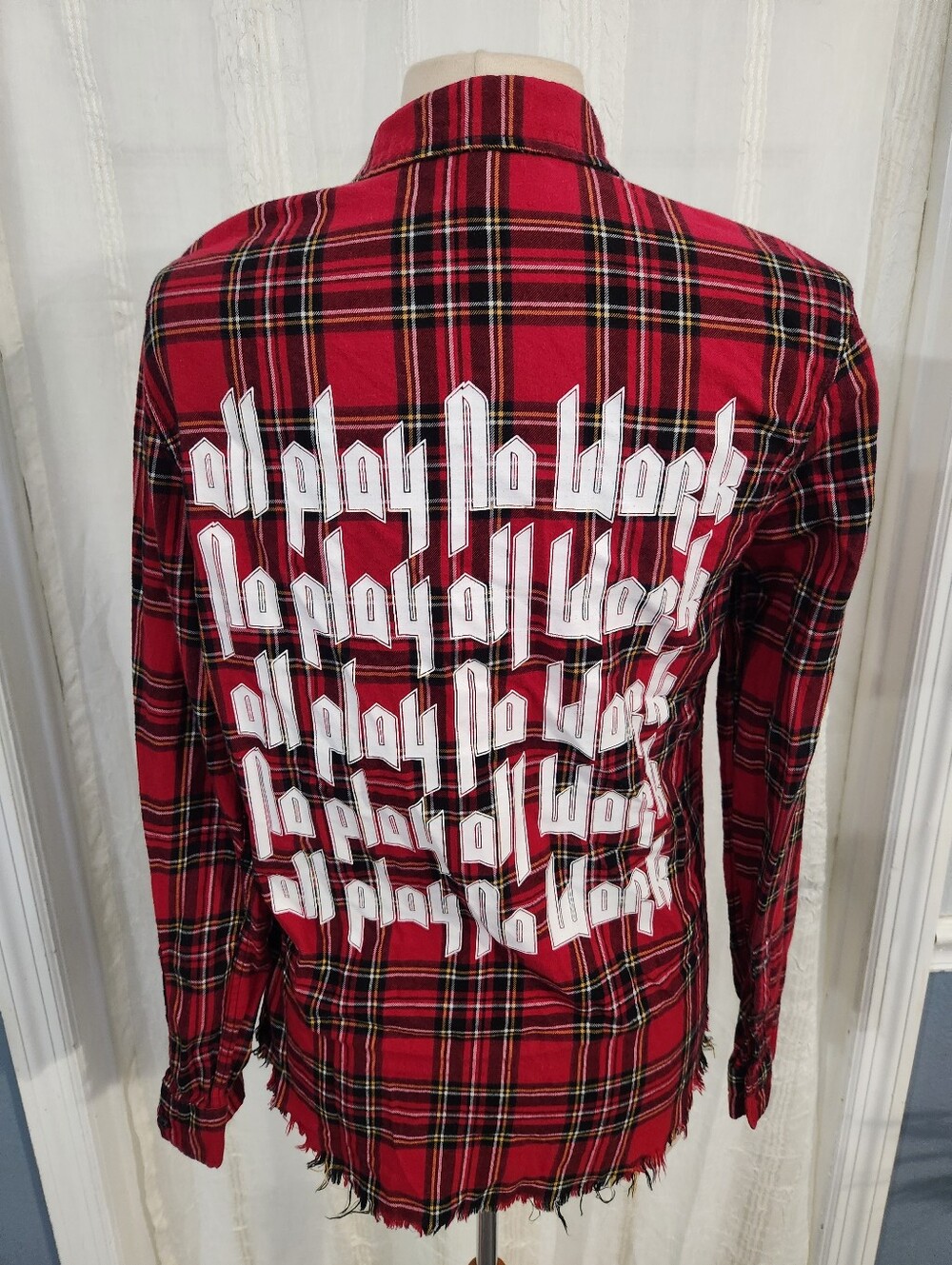 Divided Red Plaid Button-Down with "All Play No Work" On Back